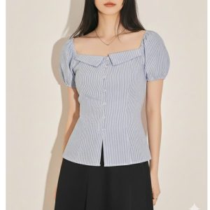 Áo kiểu nữ ngắn tay bigsize, áo sơ mi cổ chữ u size 55-90kg kiểu sọc cho chuppy béo mập xinh xắn ac20