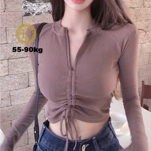 Áo croptop nữ tay dài bigsize 55-90kg kimfashion, Croptop bigsize rút ngực phong cách Hàn Quốc AT12