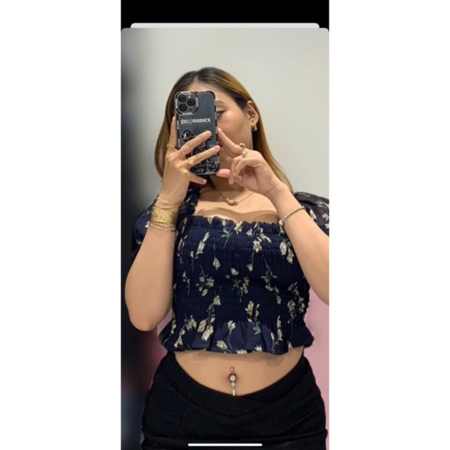 Áo croptop bigsize hoa nhí màu xanh đen trễ vai mặt trước có lót bo thun ôm co giãn 55-80kg AC13 - Ảnh 2
