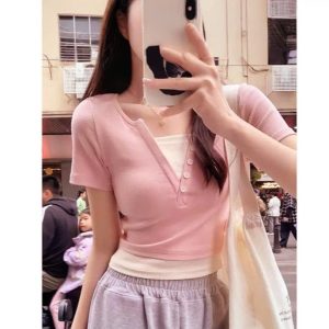 Áo bigsize croptop tay ngắn kimfashion, áo thun bigsize cổ v phối hồng trắng 60-93kg AT47