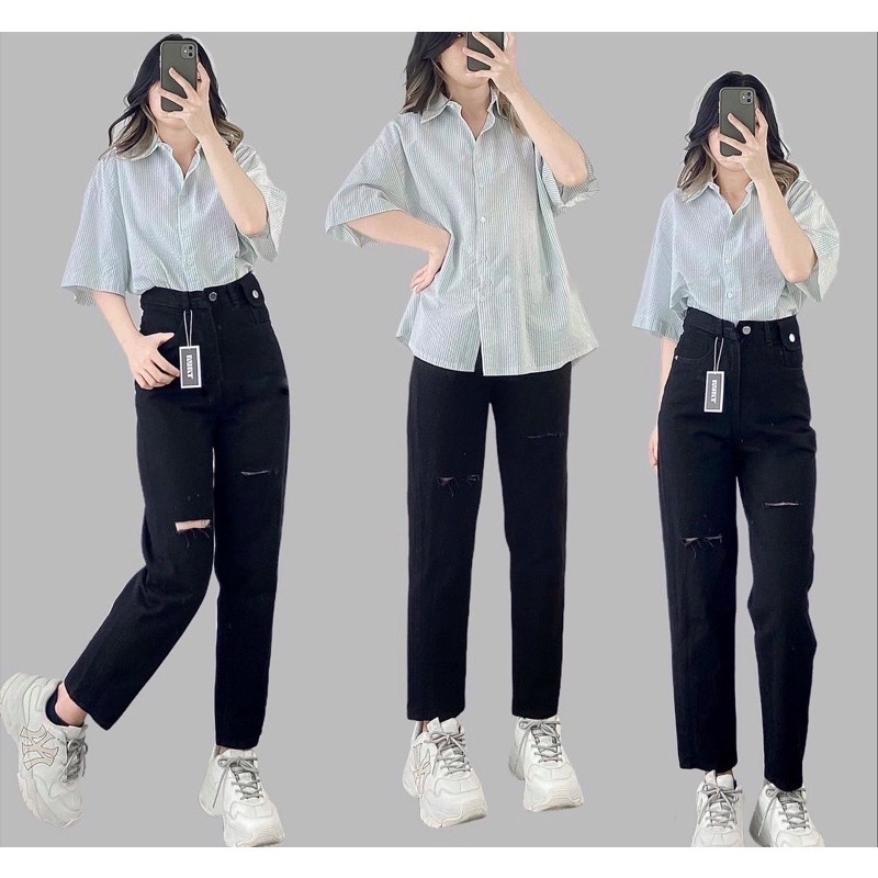 Quần jean đen baggy bigsize Kimfshion, quần from rộng lưng cao BGD75-1 Từ 58-90kg