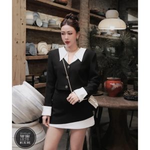 SET áo phối cổ dáng chữ A và chân váy chữ A phối màu bigsize