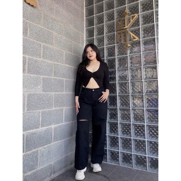 Quần jean đen suông bigsize KimFashion, quần ống rộng bigsize 58-85kg - Ảnh 2
