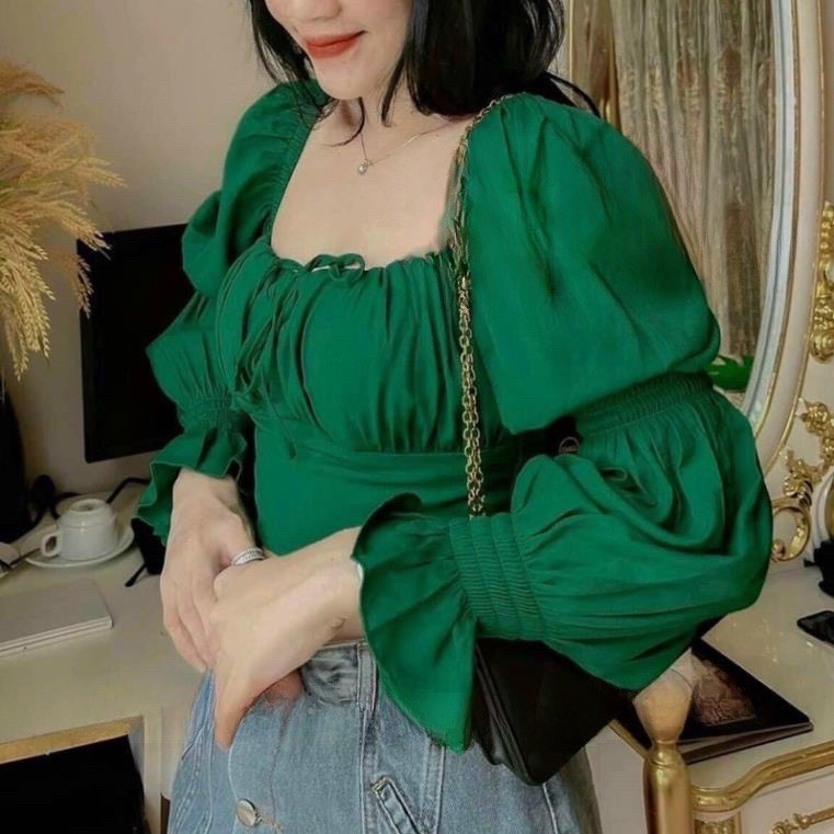 Áo croptop bigsize Kim Fashion, áo croptop tay phồng trễ vai nhún ngực dây thắt nơ trước ngực phong cách Hàn Quốc AC11