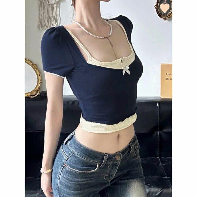 Áo croptop nữ tay ngắn bigsize 45-90kg kimfashion, Croptop bigsize màu xanh đậm phối trắng AT42-D - Ảnh 4