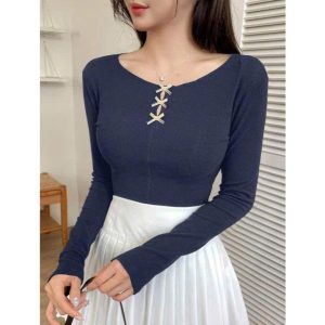 Áo croptop body tay dài bigsize 45-92kg, áo thun cổ thuyền đính nơ trươc ngực AT40 - Kim Fashion