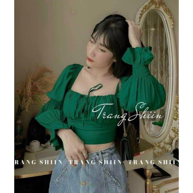 Áo croptop bigsize Kim Fashion, áo croptop tay phồng trễ vai nhún ngực dây thắt nơ trước ngực phong cách Hàn Quốc AC11 - Ảnh 2