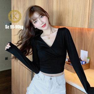 Áo croptop nữ tay dài bigsize 55-90kg kimfashion, Croptop bigsize chéo ngực phong cách Hàn Quốc AT03
