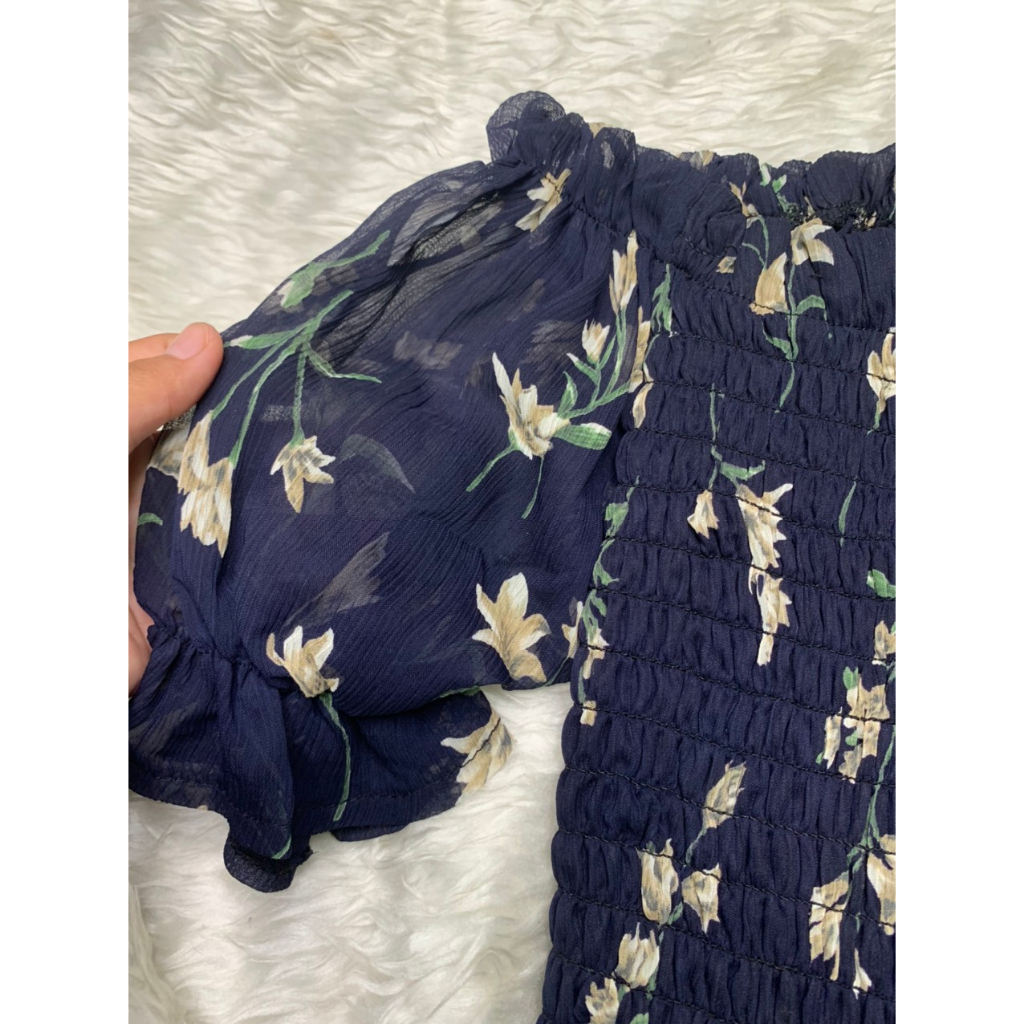 Áo croptop bigsize hoa nhí màu xanh đen trễ vai mặt trước có lót bo thun ôm co giãn 55-80kg AC13 - Ảnh 5