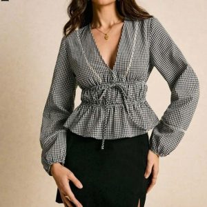 Áo bigsize nữ KimFashion, áo kiểu sơ mi 55-90kg tay dài cổ V sọc caro đen AC19