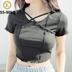 Áo croptop bigsize, áo croptop tay ngắn dây chéo hình lá thư 55-90kg AT28