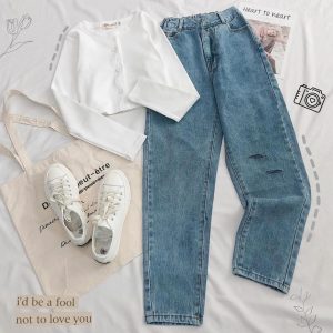 Quần baggy jean bigsize kimfashion, quần ống rộng ulzzang cap lưng cao bigsize 45-90kg