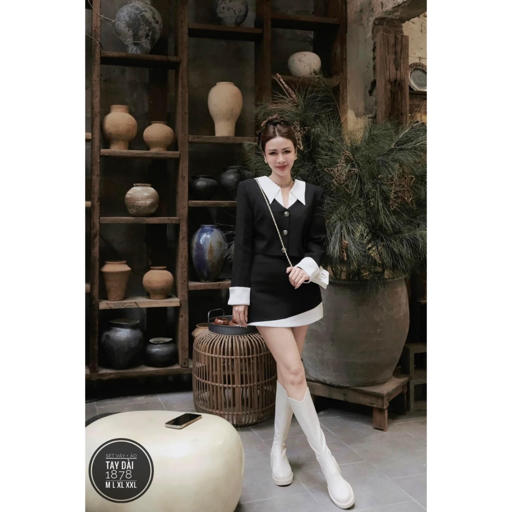 SET áo phối cổ dáng chữ A và chân váy chữ A phối màu bigsize - Ảnh 2